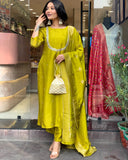 Anni Designer Women'S Silk Blend Straight Embroidered Kurta With Pant & Dupatta (Deluxe Green_Xl_Green_X-Large),Green,XL,,,
