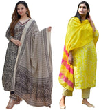 Anni Designer Women'S Cotton Blend Printed Straight Kurta With Pant & Dupatta Pack Of 2 (Combo-Nihira Cream-Bagru-Yellow_S_Multi_Small),Multicolour,S