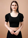 Pujia Mills Women'S Readymade Shining Lycra Stretchable Round Neck Half Puff Sleeve Blouses Lycra Stretchable Black Color Blouse For Women Readymade Saree Blouse Black Xl