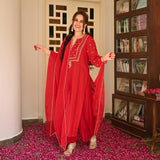 Anni Designer Women'S Rayon Blend Straight Embroidered Kurta With Pant & Dupatta (Simmu Red_M_Red_Medium),Red,M,Rayon Blend,Regular,