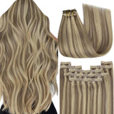 YoungSee Clip in Hair Extensions Highlight Human Hair Clip in Extensions Light Brown with Highlight Blonde Straight Extensions R