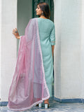 Sanisa Women'S Chinnon Sequence And Embroidery Work Straight Kurta With Pant And Dupatta Set (162Kbd1741N-L_Pale Turquoise)