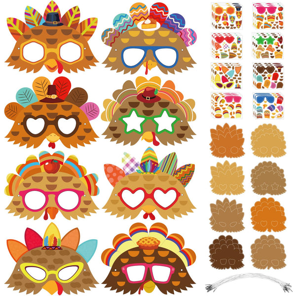 Jansun 24-teiliges Truthahn-Masken-Bastelset – DIY Aus Papier Für Kinder, 8 Designs, Mit Aufklebern & Gummiband
