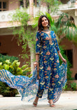 Anni Designer Women'S Cotton Blend Straight Printed Kurta With Pant & Dupatta (Jdp Blue-Nw_Xl_Blue_X-Large),Blue,XL,Cotton Blend,Regular,