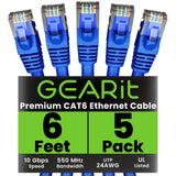 GEARit Cat 6 Ethernet Cable Pack - 5-Pack 6 ft Cat6 Ethernet Patch Cables | RJ45 Network Patch Cable, 10 Gbps Snagless Gold-Plat