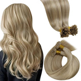 LaaVoo U Tip Hair Extensions Human Hair Golden Blonde Highlights Light Blonde K Tip Hair Extensions Real Human Hair Long Straigh
