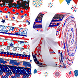Ganeen 60 Pcs Cotton Jelly Patriotic Fabric Roll Red White Blue Fabric Strips Patriotic USA Flag Quilting Roll for Veterans Day