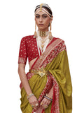 Saree Mall Woven Design Zari Work Pure Patola Silk Saree For Women With Unstitched Blouse Piece Olive -Like New