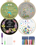 ERKOON 4 Pack Beginner Embroidery Kits for Adults DIY Starter Kit with 33 Stitch Techniques, Stamped Patterns, Embroidery Hoop,