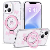 ETPESOK Compatible with iPhone 13/14 Case Clear Pink Butterfly Pattern Design with Magnetic Ring Stand [Compatible with Mag-Safe