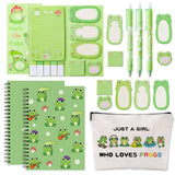 SUMMERGIFTS 6 Pcs Frog Stationery Set Pens Sticky Notes A5 Spiral Notebooks Makeup Bag Pencil Pouch for Girls Women Cute Frog Lo