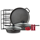 Cuisinel Cast Iron Cookware Set - 9-Pieces Pre-Seasoned Kit: 10+12 Skillet + Glass Lids + Pizza Pan + Pan Rack Organizer + Silic
