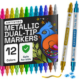 ARTISTRO 12 Metallic Precision Dual-Tip Acrylic Paint Markers - Paint Pens Set with Dot & Fine Tips for Fabric, Rock, Glass, Woo