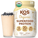 KOS Vegan Protein Powder Erythritol Free, Vanilla USDA Organic - Pea Protein Blend, Plant Based Superfood Rich in Vitamins & Min