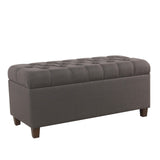 Benjara Fabric Upholstered Button Tufted Wooden Bench with Hinged Storage, Dark Gray and Brown
