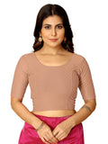 Amazon Brand - Anarva Round Neck Dobby Cotton Lycra Stretchable Elbow Half Sleeve Readymade Saree Blouse for Women Stylish, Rose Gold, XL