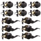 6 Sets-Front Door Entry Lever and Single Cylinder Deadbolts Combination Set, Keyed Alike Interior and Exterior Hardware, Oil Rub