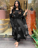 Anni Designer Women'S Rayon Viscose Anarkali Printed Kurta With Pant & Dupatta (Gangori Black_Xxl_Black_Xx-Large),Black,2XL,,,