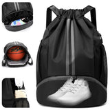 Dulvus Black Drawstring Gym Bag, Waterproof Drawstring Backpack With Side Mesh Pockets, Sport Bag With Shoes Compartment For Wom