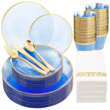 Rubtlamp 175 Pcs Plastic Dinnerware Set (25 Guests), Blue Disposable Plates With Gold Rim, Hammered Party Plates Set Include Din