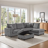 Rowan 107W Dark Gray Corduroy Fabric Sectional Sofa with Right Facing Chaise, USB & USB-C Charging Port, Storage Ottoman, and Pi