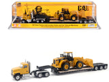 CAT Caterpillar CT681 Day Cab Tractor Yellow with Lowboy Trailer and CAT 950G Wheel Loader Yellow 1/87 (HO) Diecast Model by Die
