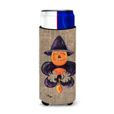 Halloween Pumpkin And Bat Fleur De Lis On Faux Burlap Ultra Beverage Insulators For Slim Cans 8748Muk