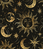 Laatse Black Peel and Stick Removable Vintage Wallpaper Gold Celestial Sun Moon Star Contact Paper 17.5 x 118 Dark Boho Mural Wa