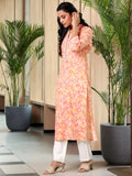 Libas Womens Printed Cotton Blend Straight Kurta With Trousers And Dupatta Orange L