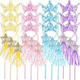 Hollowfly 24 Pcs Princess Party Favors Including 12 Glitter Star Fairy Wands and 12 Sequin Princess Crown Headbands for Girls Bi