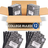 Epi College Ruled Composition Book, 100 Sheet (200 Pages), 12Pack, Hard Cover Black Marble Notebooks