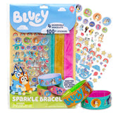 Bluey Sparkle Bracelet Making Kit, 4 Reversible Bracelets with Easy Closure, 100+ Traditional and Puffy Resin Stickers, DIY Blue