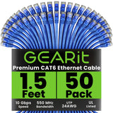 GEARit Cat 6 Ethernet Cable Pack - 50-Pack 1.5 ft Cat6 Ethernet Patch Cables | RJ45 Network Patch Cable, 10 Gbps Snagless Gold-P