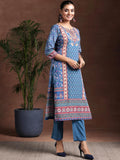 Libas Womens Printed Crepe Straight Kurta With Trousers And Dupatta Blue Xl 36960