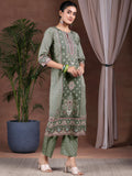 Libas Womens Printed Crepe Straight Kurta With Trousers And Dupatta Grey 2Xl