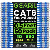 GEARit 50-Pack Cat6 Patch Cable 0.5 Foot / 6 Inches Cat 6 Ethernet Cable Snagless Flexible Soft Tab - Preimum Series - Blue