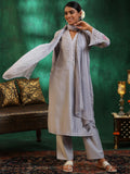 Libas Womens Printed Silk Blend Straight Kurta With Trousers And Dupatta Grey 2Xl