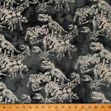Cotton Batiks Dinosaurs Dinos Fossilized Fossils Bones Skeletons T-Rex Triceratops Prehistoric Charcoal Cotton Fabric Print by T