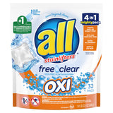 All Mighty Pacs Laundry Detergent with Oxi Stain Removers and Whiteners, Free Clear, Pouch, 32 Count