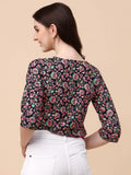 Wedani Women'S Casual Puff Sleeves V Neck Foral Top (Large Navy),Navy,L,Polyester,Western,