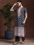 Libas Womens Printed Crepe Straight Kurta With Trousers And Dupatta Black Xl