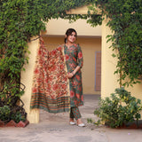 Anni Designer Women'S Rayon Blend Printed Straight Kurta With Pant & Dupatta (Fta Green-Nrk_L_Green_Large),Green,L,,,