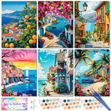 6 Pack DIY Paint by Number Kit for Adults - Mediterranean Coastal Scenery Oil Painting Set, 12x16 Inch Canvas (No Frame), 18 Viv