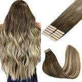 GOO GOO Tape in Hair Extensions Human Hair, 3/8/613 Balayage Walnut Brown to Ash Brown and Blonde, 16inch 25g 10pcs, Thick Ends