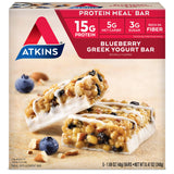 Atkins Blueberry Greek Yogurt Protein Meal Bar, High Fiber, 15g Protein, 3g Sugar, 5g Net Carbs, Meal Replacement, Keto Friendly