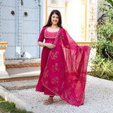 Anni Designer Women'S Rayon Blend Anarkali Embroidered Kurta With Pant & Dupatta (Aparnaa Pink_Xxl_Pink_Xx-Large),Pink,2XL,Rayon Blend,Anarkali,
