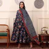 Anni Designer Women'S Rayon Viscose Anarkali Printed Kurta With Pant & Dupatta (Minari Blue_Xl_Blue_X-Large),Blue,XL,,,