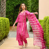 Gosriki Women'S Cotton Blend Straight Printed Kurta With Pant & Dupatta (Out Pink-Gs_L_Pink_Large),Pink,,B0CHJT61C2