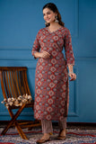 Anni Designer Women'S Cotton Blend Traditional Straight Printed Kurta And Pant Set (Priyani Red Nw_M_Red_Medium),Red,M,Cotton Blend,Regular,Kurta