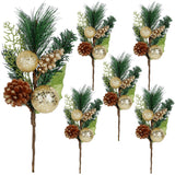 DR.DUDU Christmas Tree Ornaments 6 Pcs 12 Gold Picks and Sprays with Brown Pine Cone Green Poinsettia Leaf, Artificial Berry B